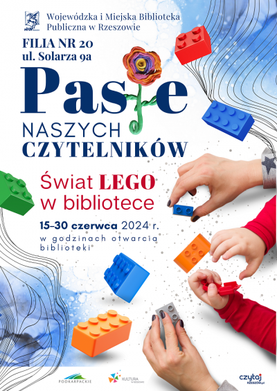 Grafika promująca wystawę Świat Lego w bibliotece